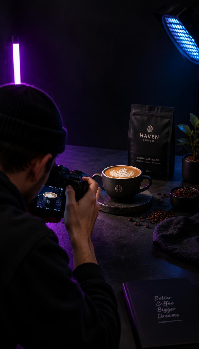 Coffee brand owner photographing a product